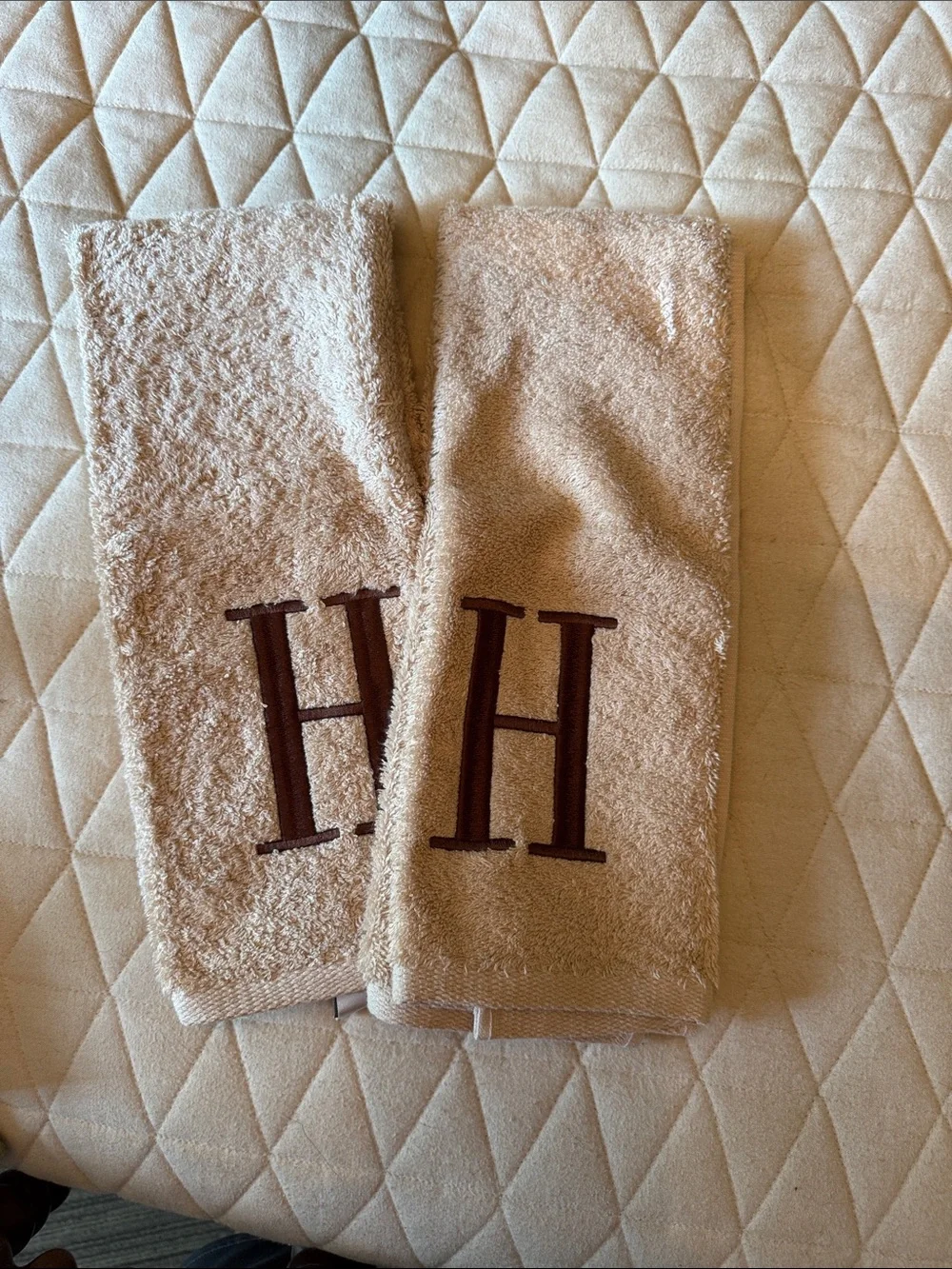 Monogrammed Beige Bath Hand Towel with Brown 'H'